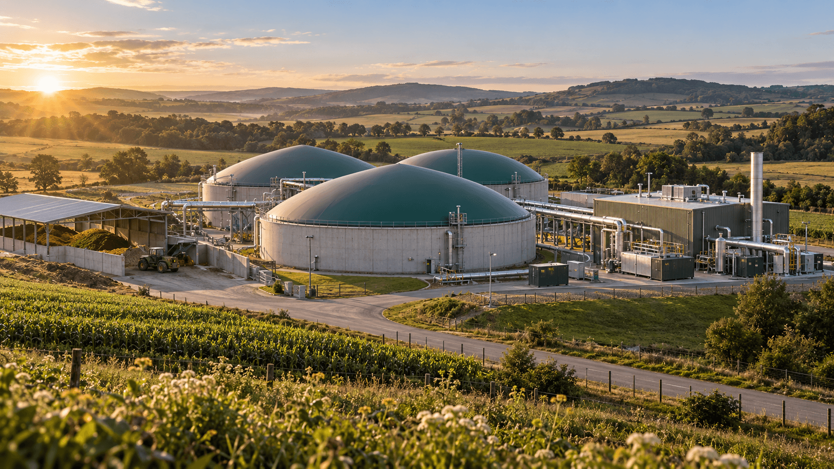 Ilustración generada con IA de una planta de biogás agrícola con digestores y nave de cogeneración. No representa una instalación ni un proyecto real.
