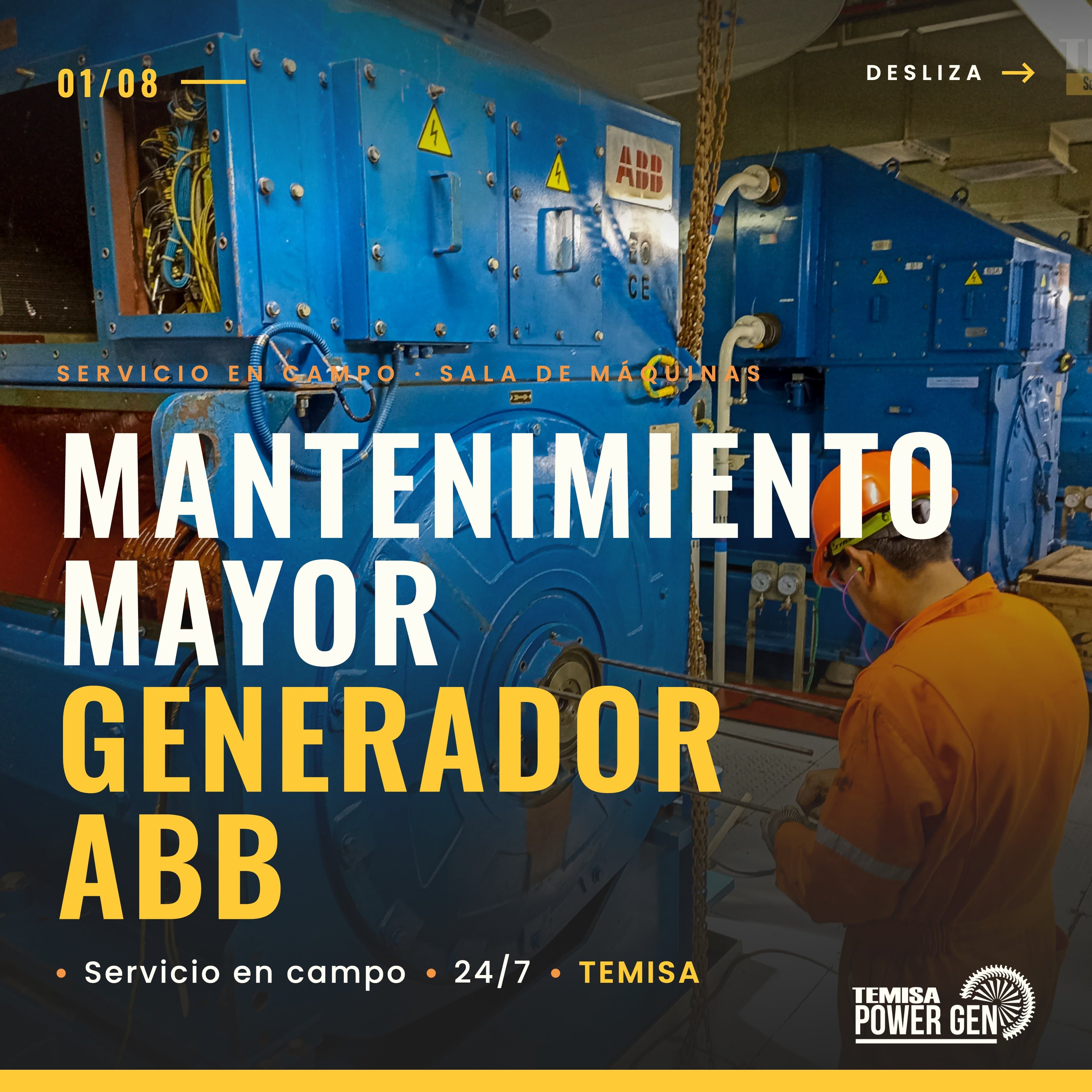 Mantenimiento mayor a generador ABB acoplado a motor diésel en sala de máquinas — TEMISA