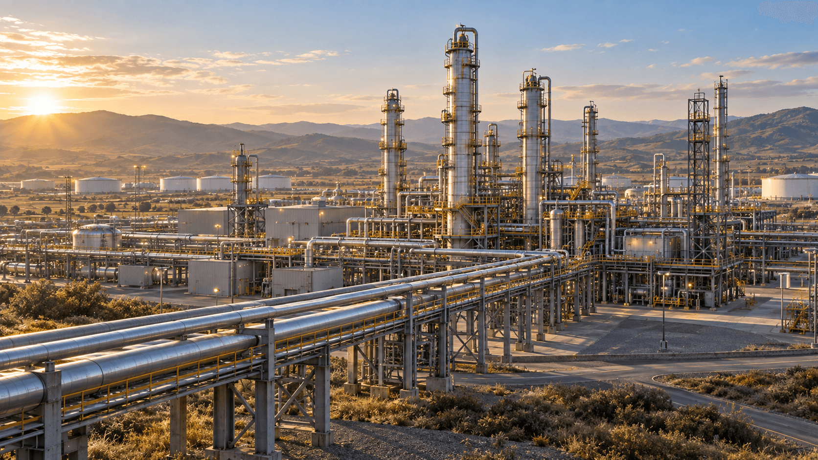 Ilustración generada con IA de una refinería con columnas de destilación y tuberías al amanecer. No representa una instalación ni un proyecto real.